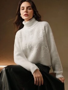 Anewsta 女式秋季亮片花卉装饰毛绒高领毛衣，冬季舒适外套 - 白色 - 查看 5