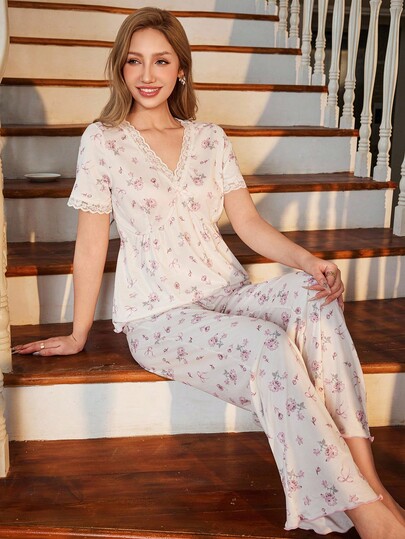 CottageSlumber CottageSlumber CottageSlumber Ditsy Floral Lace Trim Pajama Set For Women