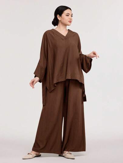 Veilorie 2 件套女士纯色连帽蝙蝠袖上衣和阔腿裤，休闲宽松西装 2 件套