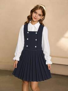 SHEIN Girls' Fashionable Navy Blue Preppy Style Collared Long Sleeve Cropped Striped Shirt And Pleated Skirt Autumn School Back-To-School Outfit Set - Royal Blue - View 1