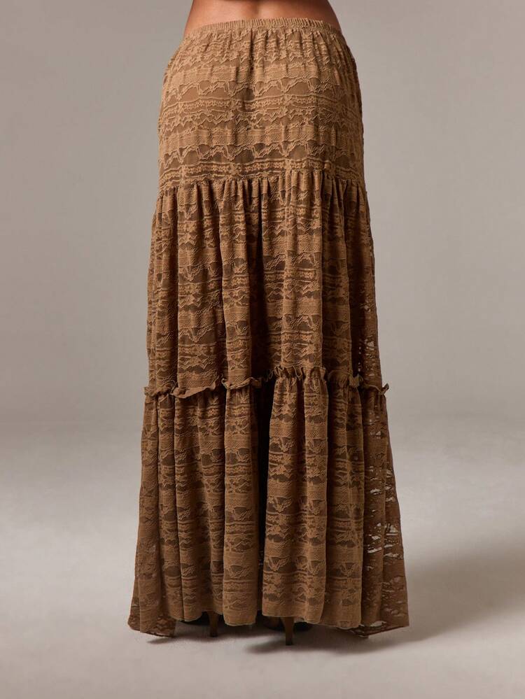 Tiered Lace Maxi Skirt With Elastic Waistband And Ruffles