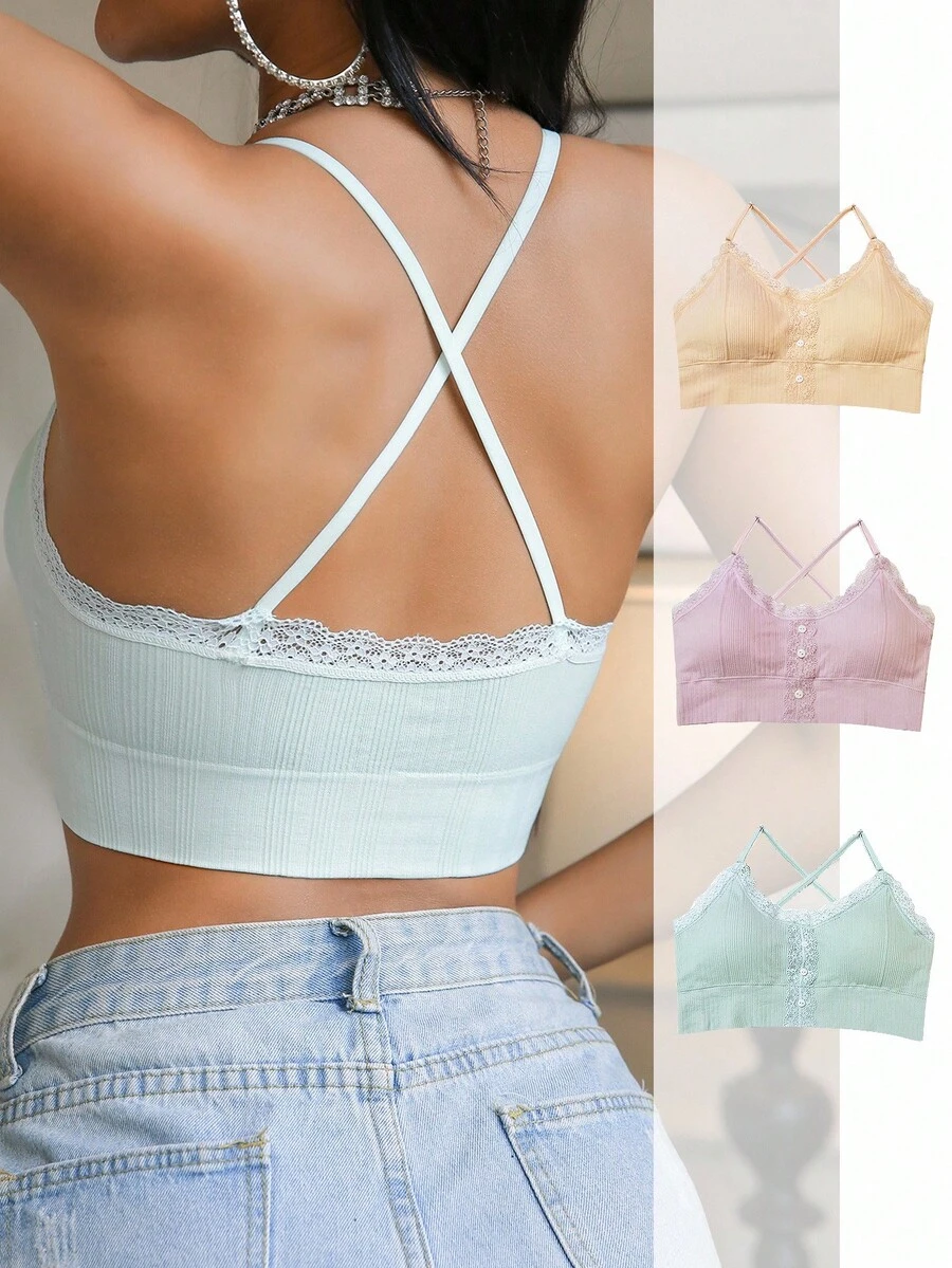 SHEIN Conjunto de 3 piezas de sujetador de encaje con parches para mujer - Multicolor - Ver 1