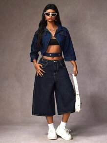 SHEIN EZwear Plus Size Casual Washed Loose 3/4 Length Denim Jeans,Back To School