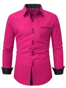 Manfinity Mode Men's Contrast Color Long Sleeve Single-Breasted Pocket Casual Formal Shirt,Fall - Hot Pink - View 4
