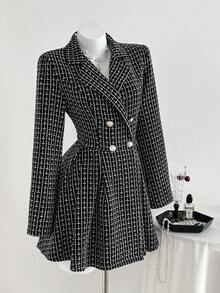 Elamini Plaid Double-Breasted Lapel Thick Woolen Fitted Dress, Autumn/Winter