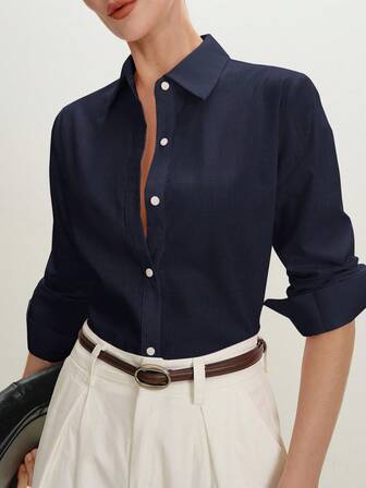 BizChic 2025 Autunno/Inverno Nuova Camicia da Donna con Collo a Bavero, Spalle Scoperte, Bottoni Frontali, Colore Blu Navy, Elegante e Moderna, Adatta per Ufficio, Casual Urbano, Occasioni Speciali come Appuntamenti, Feste, Matrimoni, Compleanni, Ognissanti, Natale