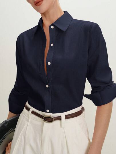 BizChic Navy Blue Collared Off-Shoulder Front Button-Up Blouse For Women, Modern Elegant Urban Commute Everyday Romantic 90s Retro Christmas New Year Valentine's Day Party Beach Graduation Fashion Carnival Holiday Versatile Minimalist Romantic, Suitable For Wedding Guest, Host, Date, Party, Concert, Brunch, Airport