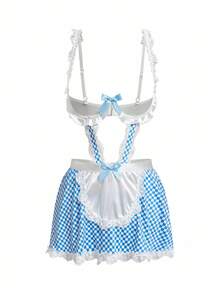 Fantasy Costume Bộ đồ ngủ ca rô, nhún bèo, nhún bèo, khoét rỗng, ngọt ngào, tối giản gợi cảm, váy ngủ hai dây gợi cảm + quần lọt khe + tất lưới cao đến đùi gợi cảm, bộ đồ ngủ gợi cảm cho nữ - Màu xanh lam - Xem 8