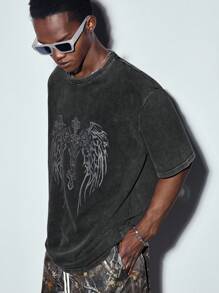 MODCRASH 男士夏季翅膀印花圆领落肩袖休闲做旧水洗T恤，街头风，哥特风，图案T恤，春夏款 - 黑色 - 查看 5