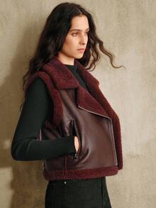 Anewsta Women's Red Short Lapel Sleeveless Fitted Faux Fur Vest Jacket, New Year & Christmas - Burgundy - View 6