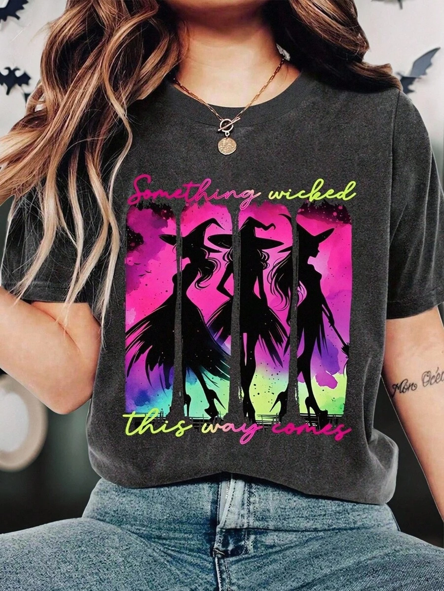 EMERY ROSE Plus Size Halloween T-Shirt, Plus Size Casual Streetwear Graphic Tee, Cute Summer Top, Vacation Vibe - Dark Grey - View 1