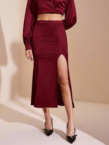 JIAN LASALA Mid-Waist Flared Midi Satin Skirt With High Slit Women Autumn Elegant Party New Year Outfits Wedding Guest Luxury Stylish Clothing Collection - Burgundy - View 4