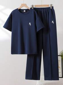 Sparklyn 2pcs Tween Girls Casual Sports Set, Loose Embroidered Versatile Short Sleeve Top + Pants Outfit, Suitable For Daily, Home, And School Wear - Navy Blue - View 2