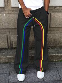 PAVTROS 年轻男士休闲宽松松紧腰直筒裤，超大码，夏季 LGBTQ 阔腿裤侧条纹裤骄傲裤，适合秋季 - 黑色 - 查看 3