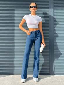 EURMUSE Quần jeans ống loe túi xéo chất liệu cotton 95% đơn giản, thoải mái - Màu xanh bụi bặm - Xem 4