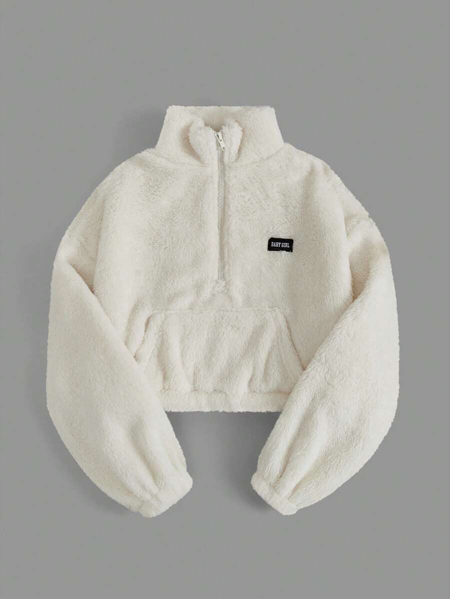 SHEIN Tween Girl 休闲宽松字母拼接半拉链短款连帽衫，米色 - 杏色 - 查看 1