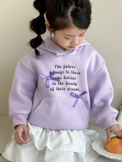 SHEIN 女童休闲字母图案蝴蝶结装饰卫衣，秋冬季