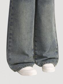 Young Boy Retro Washed Loose Straight Leg Jeans, Fashionable Streetwear, Versatile For Outdoor, Indoor Casual Wear Chic Outfits For Autumn/Winter