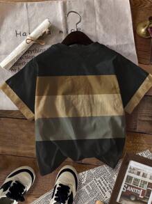 SHEIN 3 Pcs/Set Tween Boys Casual Graphic Print Geometric Patchwork Design Round Neck Short Sleeve T-Shirts, Fashionable For Summer