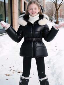SHEIN Teen Girl Waist Cinched Padded Coat, Shiny Black Hooded Coat With Faux Fur Collar Fall Winter - Black - View 6