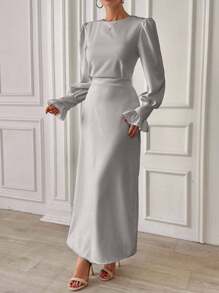 EURMUSE Frenchy Frill Sleeve Maxi Dress With Lining - Grey - View 5
