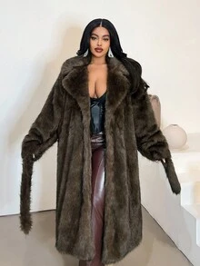 Maweii Große Größen Damen Locker Retro Mode Lässig Elegant Batik Taillengürtel Kragen Langarm Maxi Kunstpelz Mantel, Herbst/Winter - Kaffeebraun - Übersicht 6