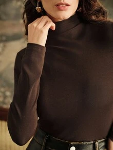 Anewsta Women's Turtleneck Long Sleeve Tight Fit Pullover Top, Suitable For Fall/Winter, Christmas, New Year, Elegant, Luxury, Chic, Casual - Mocha Brown - View 7