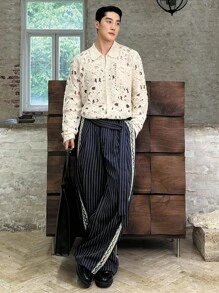 Manfinity BRENVOR Casual Loose Wide-Leg Pants For Men, Suitable For Daily Street Wear, For Fall - Navy Blue - View 5