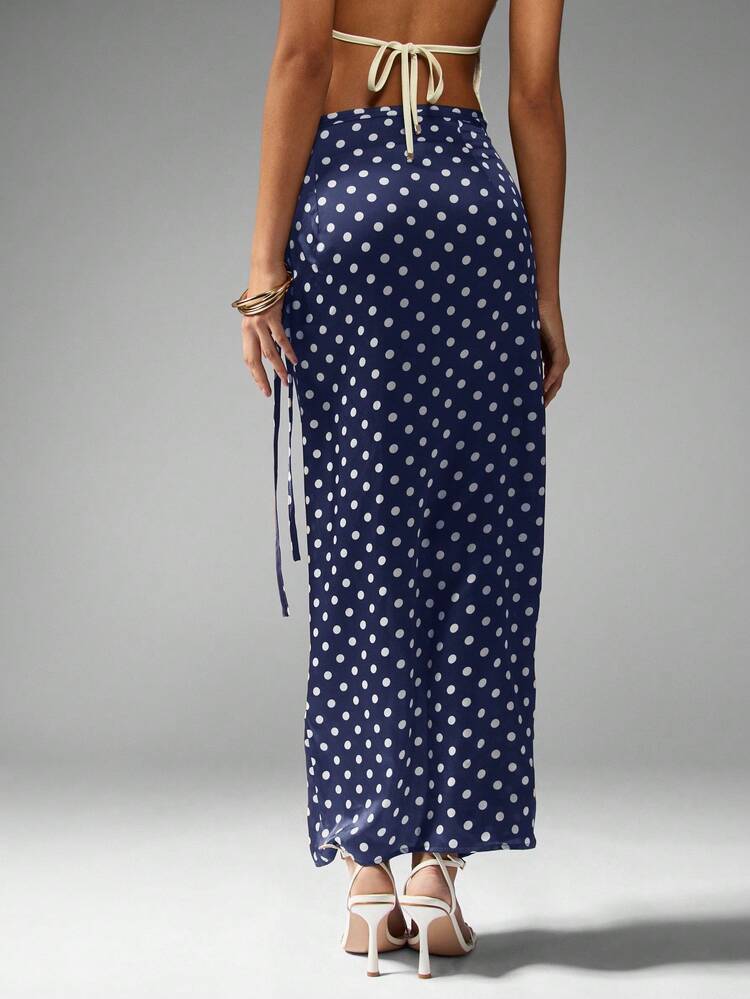 MISSGUIDED Satin Polka Dot Wrap Maxi Skirt With Side Slit High Waist Floor Length Summer Beach Party Evening Occasion Resort Wear Elegant Holiday