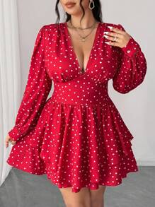 Elenzga Sexy Kleid mit tiefem V-Ausschnitt und Herz-Muster in Große Größen - Rot - Übersicht 2