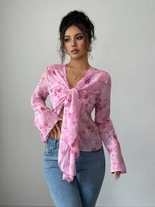 SHEIN Elenzya 女士优雅花卉透明喇叭袖蝴蝶结衬衫，秋季休闲长袖上衣 - 粉色 - 查看 5