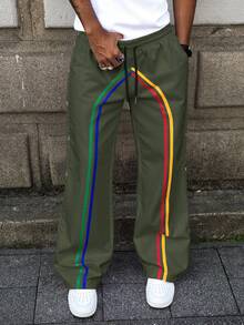 PAVTROS Manfinity Streetrush 男士休闲宽松弹力腰直筒裤，加大码，夏季男士运动裤，侧条纹橄榄绿运动裤，男士侧条纹裤，男士阔腿运动裤，男士按扣运动裤，秋季 - 軍綠色 - 查看 3