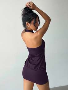 Aloruh Đầm ngắn hở lưng đính nút kim loại gợi cảm Y2K Avant-Garde dành cho nữ, màu tím - Màu tím - Xem 2