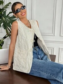 SHEIN Frenchy Gilet sans manches pour femmes, couleur unie, avec décoration nœud en jacquard - Nude - Voir 4