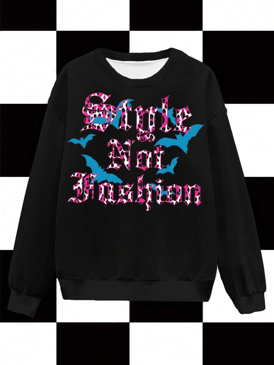 Aak Women's Loose Casual Drop Shoulder Black Pullover Long Sleeve Hoodie, Versatile With Personalized Letter, Bat, Leopard Print Y2K Style Goth Sweatshirts Cute Goth Clothes Bat Sweatshirt Pink And Black Sweatshirt - Black - View 1