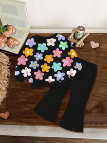 SHEIN Bộ quần áo nỉ dài tay cổ tròn màu hồng phấn mềm mại, họa tiết hoa Dopamine dễ thương, thiết kế tối giản thường ngày cho bé gái, phù hợp cho mùa thu/đông, trang phục mùa thu, thoải mái dễ chịu, nhiều lớp quần áo mùa thu cho trẻ em, trẻ em sành điệu, trang phục thường ngày, quần áo họa tiết trẻ em, trở lại trường, quần áo mùa thu - Nhiều màu - Xem 2