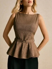Poéselle Women's Fashionable Brown Boat Neck Belted Sleeveless Top,Brown Top ,Chic Blouses For Women ,Going Out Tops ,Christmas For Women ,New Year Women's,Old Money,Elegant Women,Classy For Women,Fall/Winter - Brown - View 1