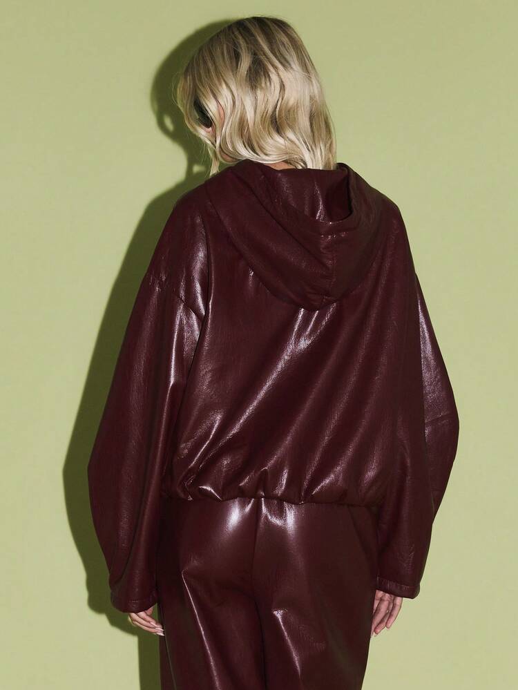 KIZN Burgundy PU Leather Zip Front Hooded Jacket