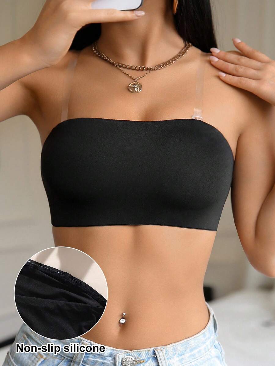SHEIN 1 件套休闲舒适简约风格纯色舒适无线双层可拆卸肩带吊带文胸女士 - 黑色 - 查看 1