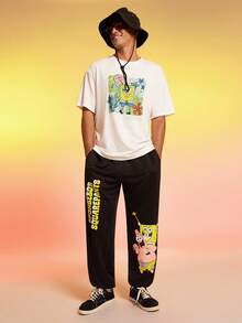SpongeBob SquarePants | SHEIN 男士休闲可爱卡通图案短袖白色T恤，夏季 - 白色 - 查看 5