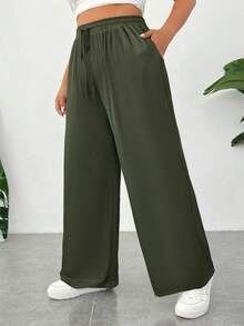 SHEIN EZwear 大码女装夏季军绿色冰丝超薄清凉功能针织罗纹面料亲肤顺滑不粘面料纯色休闲运动基础裤带口袋，前抽绳松紧腰带，高腰修身直筒宽松长裤 - 軍綠色 - 查看 5