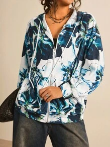 SHEIN LUNE Women White Tropical Floral Print Zip Up Hoodie Loose Fit Plus Size Jacket, Lightweight Casual Autumn Clothes For Holiday Bachelorette Party Winter - Multicolor - View 3