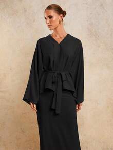 COSMINA Set elegant de două piese lungi cu curea pentru femei, început de toamnă - Negru - Vizualizare 6