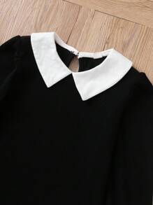 SHEIN Tween Girl Peter Pan Collar Tee & Houndstooth Pleated Skirt - Black - View 5