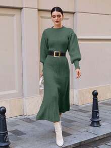 EURMUSE Abito maxi in maglia con maniche a palloncino e orlo a linea A - Verde militare - Visualizzare 4