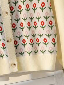 Fashionable Cute All-Over Floral Pattern Long Sleeve Knitted Cardigan For Girls - Apricot - View 3