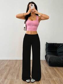 SHEIN EZwear 大码女式纯色翻边腰阔腿宽松休闲裤 - 黑色 - 查看 4