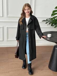 SHEIN Serisse Kids 青少年女孩编织休闲百搭时尚腰带翻领蝴蝶结口袋宽松长款风衣，休闲军装风格，通勤和户外，返校，母子装 - 黑色 - 查看 6