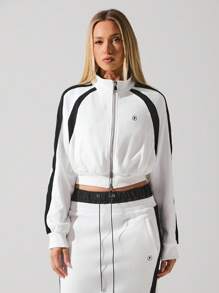 Menodora SHEIN Sport 女式拼色运动短款立领夹克轻便户外秋冬女装 - 黑與白 - 查看 1