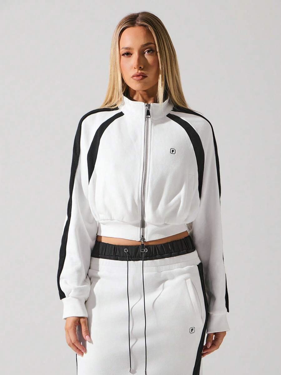 Menodora SHEIN Sport 女式拼色运动短款立领夹克轻便户外秋冬女装 - 黑與白 - 查看 1